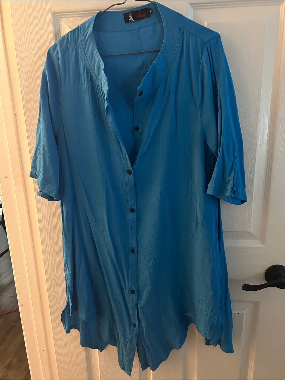Blue Button-Front Tunic Blouse